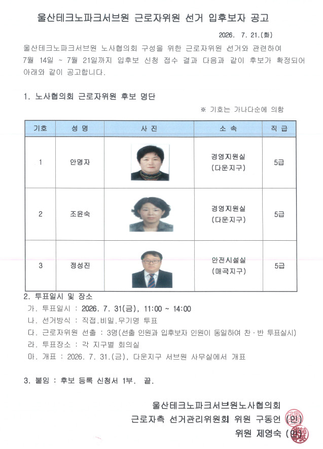 울산테크노파크서브원(주) 근로자위원 선거 입후보자 공고