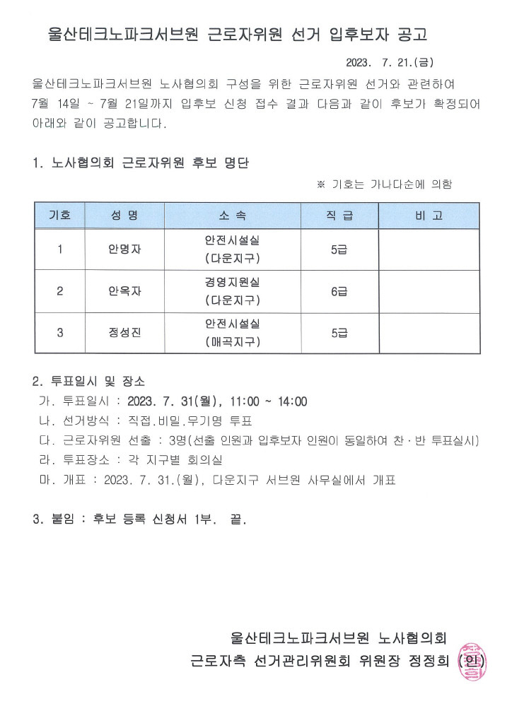 울산테크노파크서브원(주) 근로자위원 선거 입후보자 공고